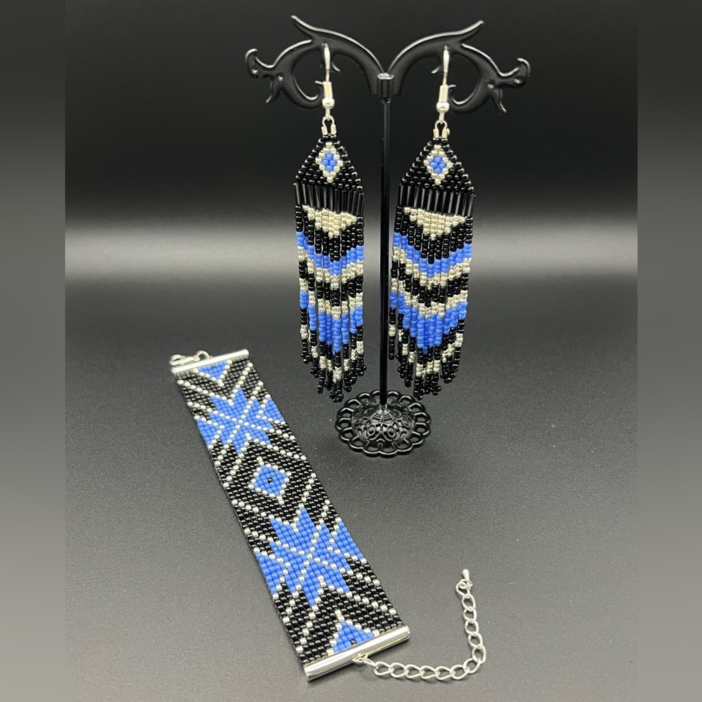 Loom Beaded Cuff Bracelet and Triangle Fringe Earrings Set